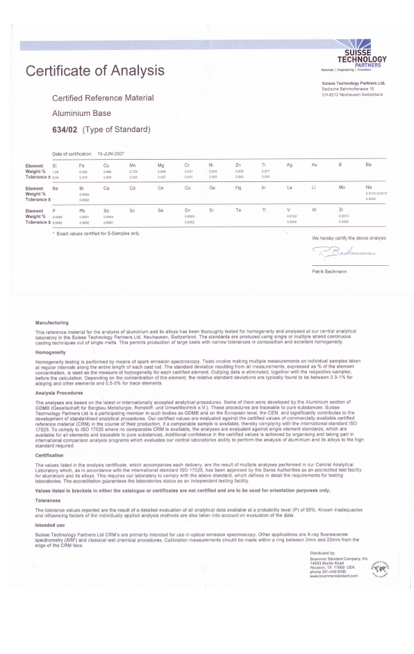 進口瑞士鋁業(yè)鋁合金光譜標(biāo)樣 AL 634/02標(biāo)樣證書